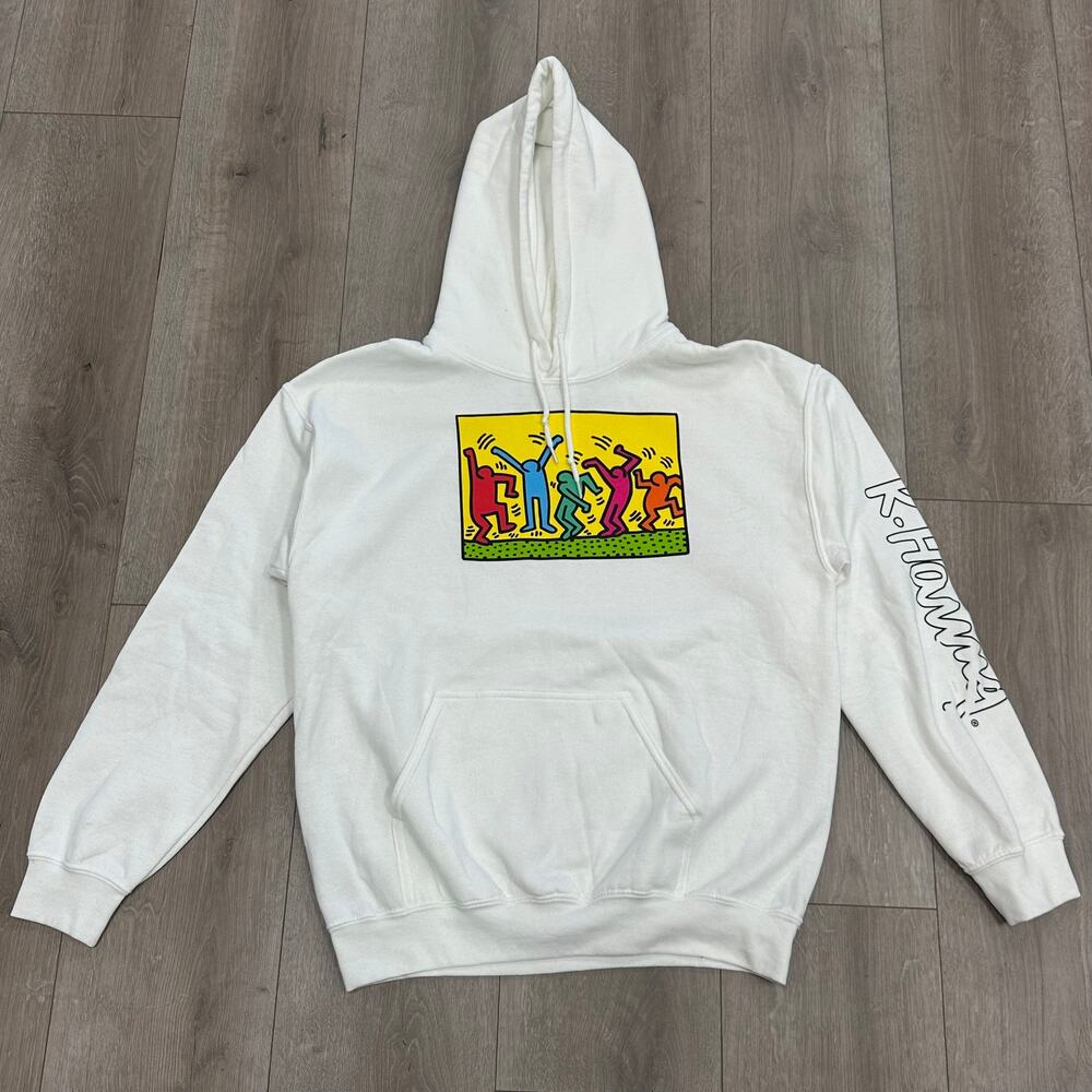Keith Haring Dancing Pop Art Signature White Hoodie Sweater size Large L B31